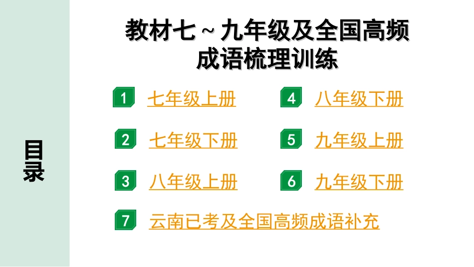 中考云南语文1.第一部分  语文知识积累_2.专题二  词语的理解与运用_教材七~九年级及全国高频成语梳理训练.ppt_第1页