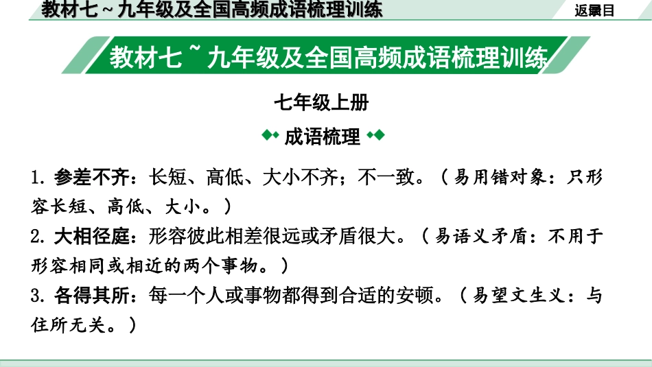 中考云南语文1.第一部分  语文知识积累_2.专题二  词语的理解与运用_教材七~九年级及全国高频成语梳理训练.ppt_第2页