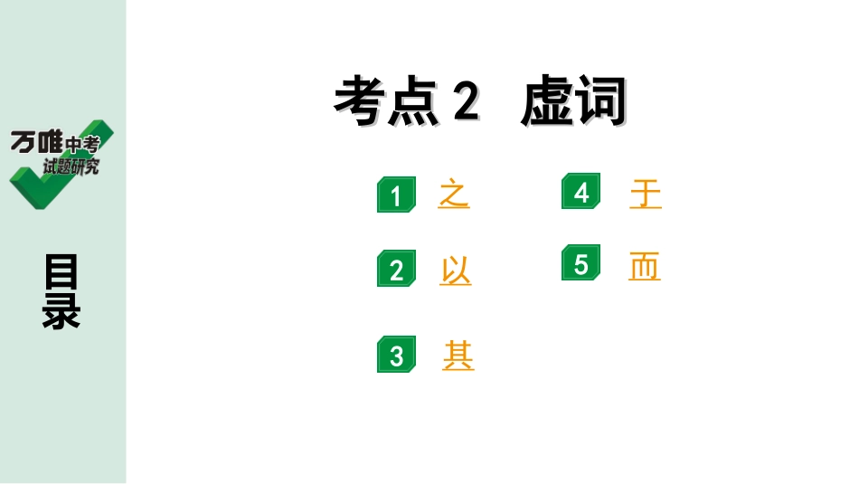 中考长沙语文2.第二部分  古诗文阅读_2.专题二 课外文言文阅读_2.二阶 能力关——课外文言文“１对１”讲练_课外文言文阅读能力辅导_（二）常考考点“1对1”讲练_考点2 虚词.ppt_第1页