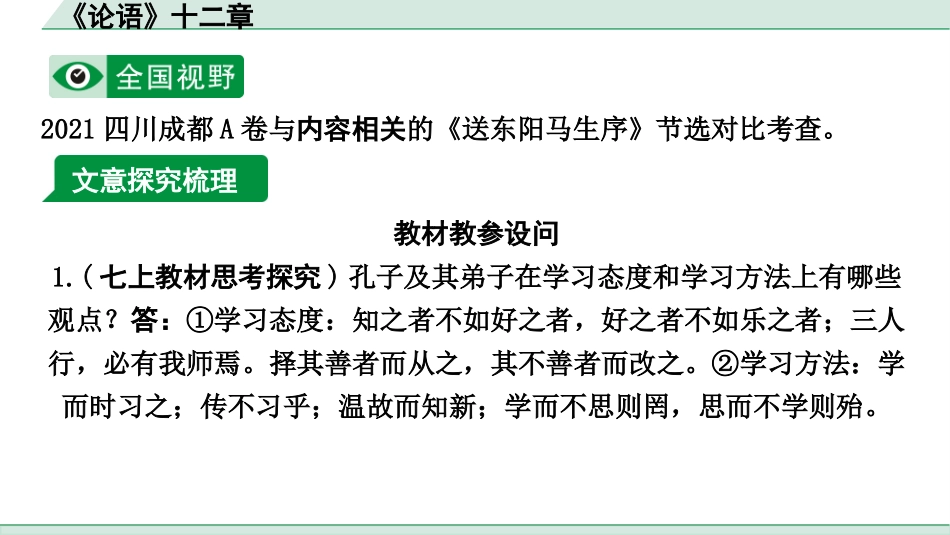 中考重庆语文2.第二部分  古诗文积累与阅读_专题二  课标文言文阅读_课标文言文梳理及训练_第1篇  《论语》十二章_《论语》十二章 （练）.pptx_第2页