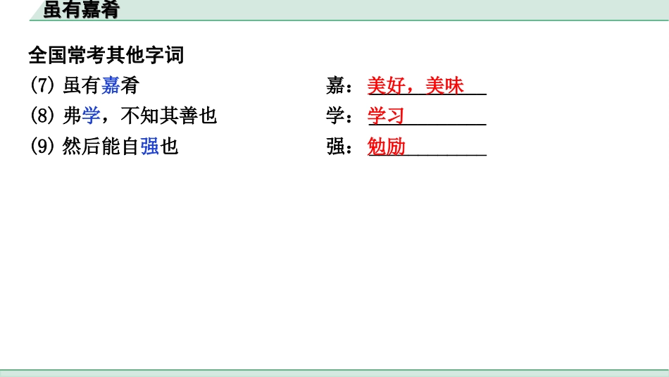 中考江西语文2.第二部分  古代诗文阅读_2.专题二  文言文三阶攻关训练_一阶  教材文言字词逐篇训练及分类整合_教材文言字词逐篇训练_27.《虽有嘉肴》_虽有嘉肴（练）.ppt_第3页