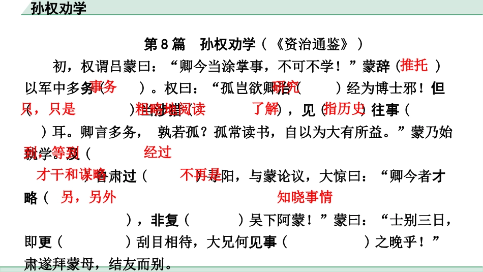 中考浙江语文2.第二部分 阅读_5.专题五  课外文言文三阶攻关_1.一阶  必备知识———课内文言字词积累_一、教材7~9年级文言文课下注释随文练_第8篇 孙权劝学_孙权劝学（练）.pptx_第2页