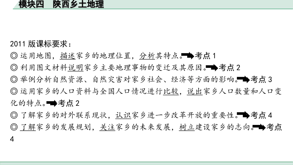 中考陕西地理1. 第一部分　 陕西中考考点研究_4. 模块四　陕西乡土地理_1. 模块四　陕西乡土地理.ppt_第2页