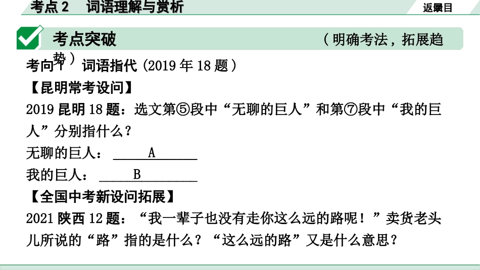 中考昆明语文3.第三部分  现代文阅读_1.专题一  记叙文阅读_考点“1对1”分层讲练_考点2  词语理解与赏析.ppt_第2页