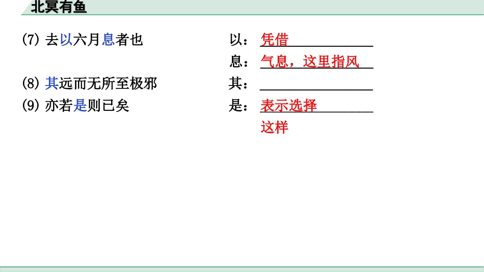 中考江西语文2.第二部分  古代诗文阅读_2.专题二  文言文三阶攻关训练_一阶  教材文言字词逐篇训练及分类整合_教材文言字词逐篇训练_25.《北冥有鱼》_北冥有鱼（练）.ppt_第3页