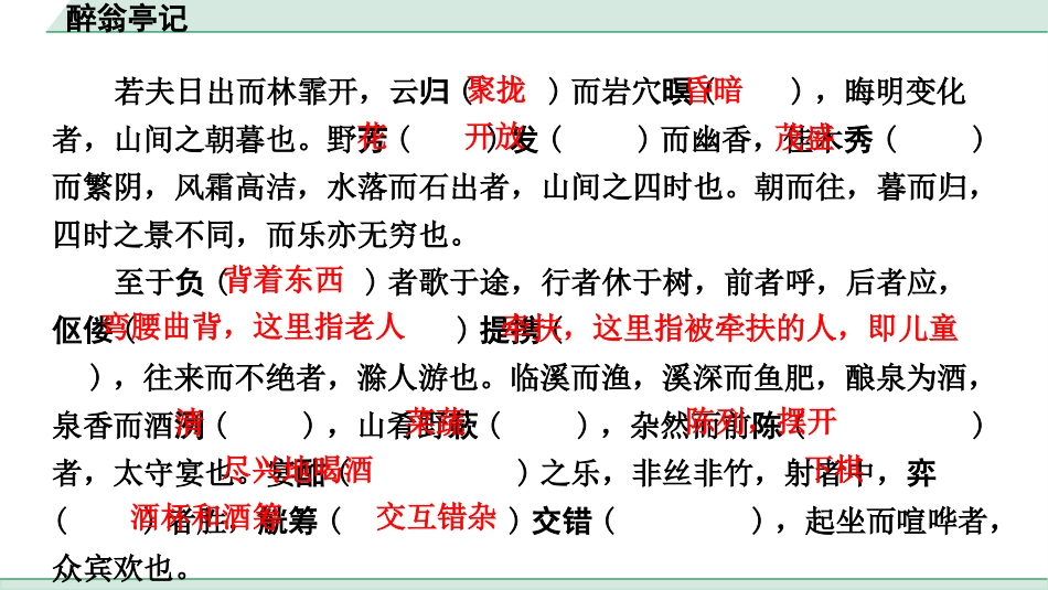 中考浙江语文2.第二部分 阅读_5.专题五  课外文言文三阶攻关_1.一阶  必备知识———课内文言字词积累_一、教材7~9年级文言文课下注释随文练_第31篇 醉翁亭记_醉翁亭记(练).pptx_第3页