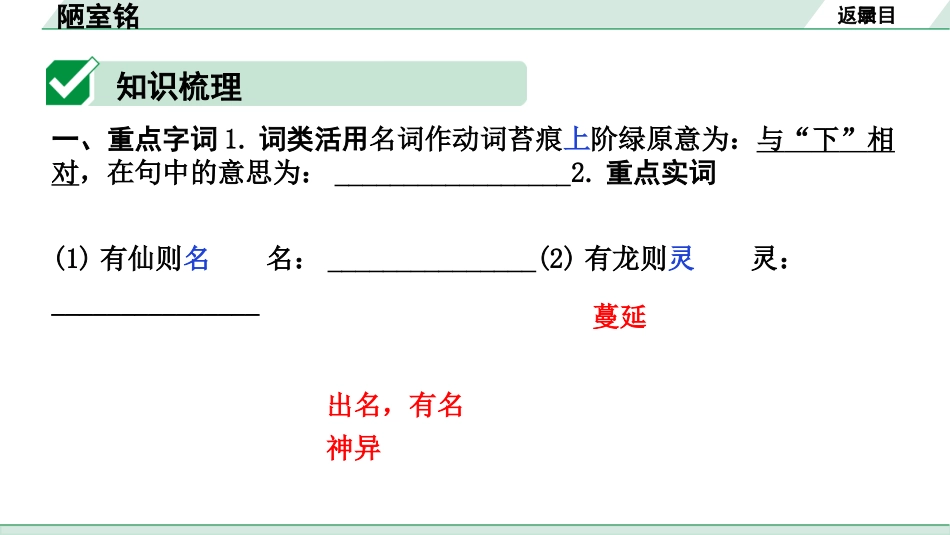 中考内蒙古语文2.第二部分  古诗文阅读_3.专题三  文言文三阶攻关_1.一阶  教材关——39篇文言文梳理及训练_教材39篇文言文梳理及训练_第10篇 陋室铭_陋室铭（练）.pptx_第2页