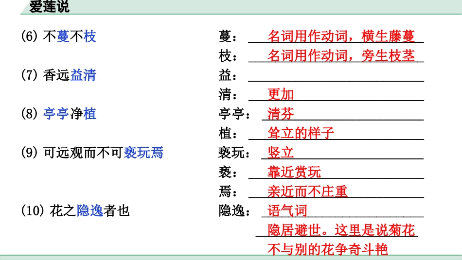 中考江西语文2.第二部分  古代诗文阅读_2.专题二  文言文三阶攻关训练_一阶  教材文言字词逐篇训练及分类整合_教材文言字词逐篇训练_11.《爱莲说》_爱莲说（练）.ppt_第3页