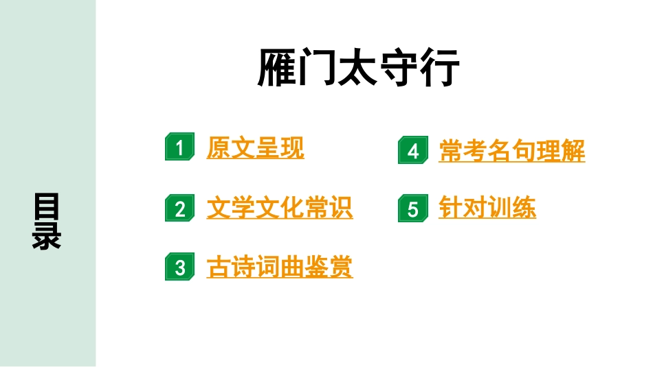 中考沈阳语文2.第二部分  古诗文阅读_1.专题一  古诗词曲鉴赏_课标古诗词曲梳理及训练_24.雁门太守行.pptx_第2页