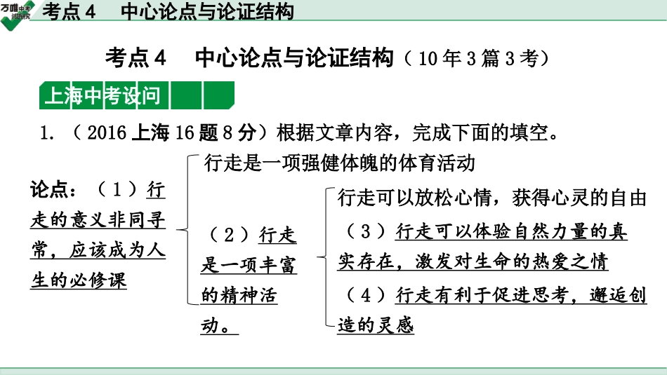 中考上海语文2.第二部分  现代文阅读_3.专题三  议论文阅读_考点“1对1”讲练_考点4  中心论点与论证结构.pptx_第1页