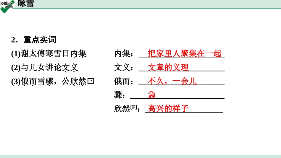 中考淄博语文2.第二部分  古诗文阅读_2.专题二  文言文阅读_一阶　文言文字词基础抓分练_第28篇　咏雪_咏雪(练).ppt_第3页