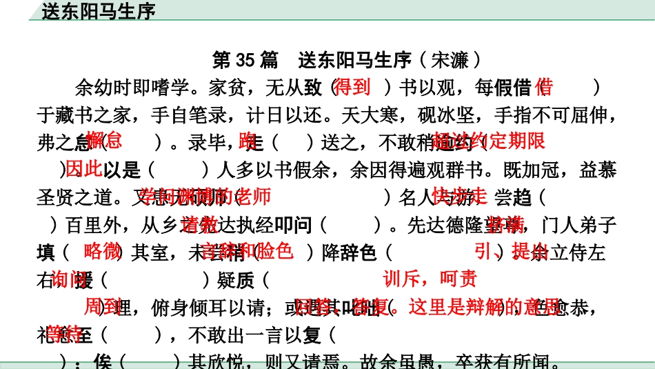 中考浙江语文2.第二部分 阅读_5.专题五  课外文言文三阶攻关_1.一阶  必备知识———课内文言字词积累_一、教材7~9年级文言文课下注释随文练_第35篇 送东阳马生序_送东阳马生序（练）.pptx_第2页