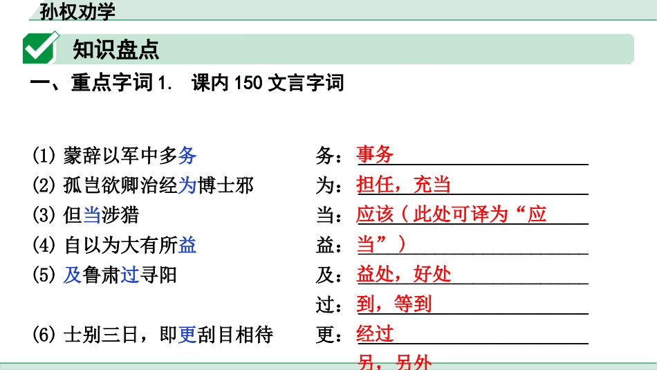 中考上海语文1.第一部分  古诗文阅读_3.专题三  课内文言文阅读_第27篇  孙权劝学_孙权劝学（练）.pptx_第2页