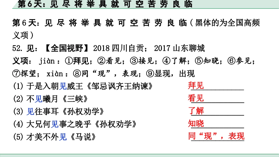 中考江西语文2.第二部分  古代诗文阅读_2.专题二  文言文三阶攻关训练_二阶  实虚词点对点迁移训练_实词点对点迁移训练_第6天：见 尽 将 举 具 就 可 空 苦 劳 良 临.ppt_第2页