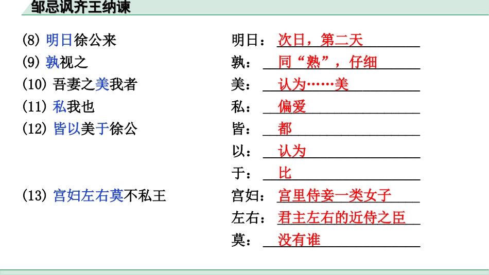 中考江西语文2.第二部分  古代诗文阅读_2.专题二  文言文三阶攻关训练_一阶  教材文言字词逐篇训练及分类整合_教材文言字词逐篇训练_37.《邹忌讽齐王纳谏》_邹忌讽齐王纳谏（练）.ppt_第3页