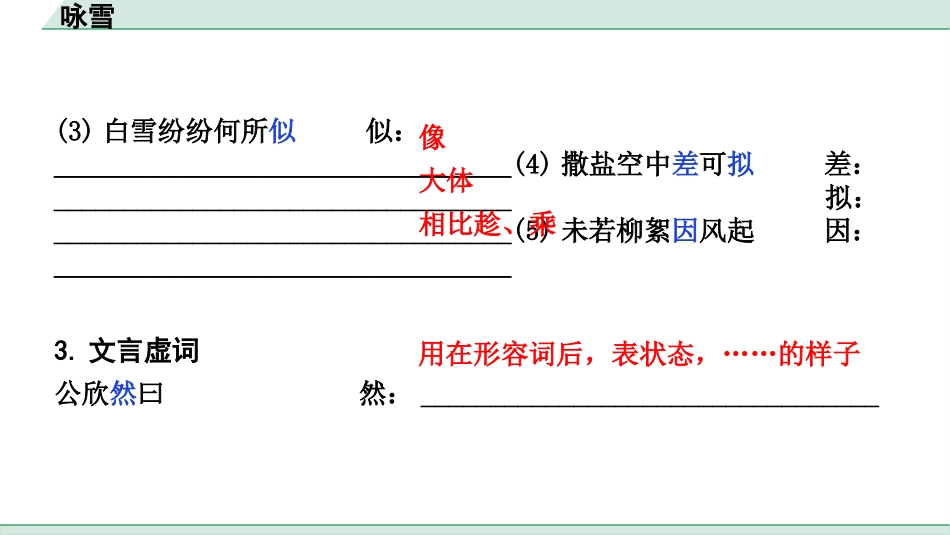 中考内蒙古语文2.第二部分  古诗文阅读_3.专题三  文言文三阶攻关_1.一阶  教材关——39篇文言文梳理及训练_教材39篇文言文梳理及训练_第1篇 咏雪_咏雪（练）.pptx_第3页