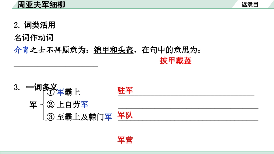 中考内蒙古语文2.第二部分  古诗文阅读_3.专题三  文言文三阶攻关_1.一阶  教材关——39篇文言文梳理及训练_教材39篇文言文梳理及训练_第21篇 周亚夫军细柳_周亚夫军细柳(练).pptx_第3页