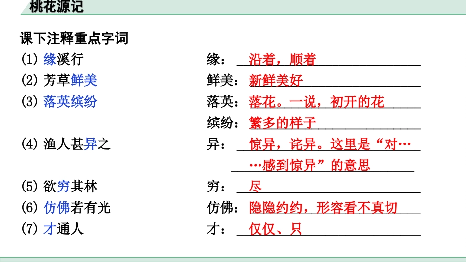 中考江西语文2.第二部分  古代诗文阅读_2.专题二  文言文三阶攻关训练_一阶  教材文言字词逐篇训练及分类整合_教材文言字词逐篇训练_22.《桃花源记》_桃花源记（练）.ppt_第2页