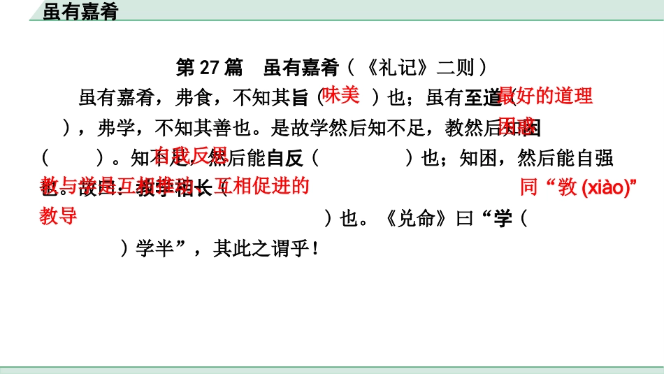 中考浙江语文2.第二部分 阅读_5.专题五  课外文言文三阶攻关_1.一阶  必备知识———课内文言字词积累_一、教材7~9年级文言文课下注释随文练_第27篇 虽有嘉肴_虽有嘉肴（练）.pptx_第2页