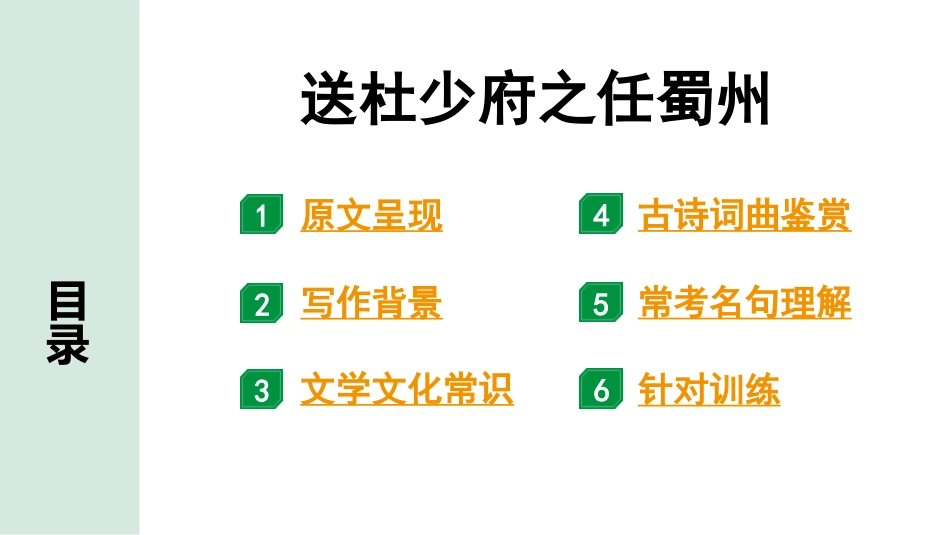 中考沈阳语文2.第二部分  古诗文阅读_1.专题一  古诗词曲鉴赏_课标古诗词曲梳理及训练_16.送杜少府之任蜀州.pptx_第2页