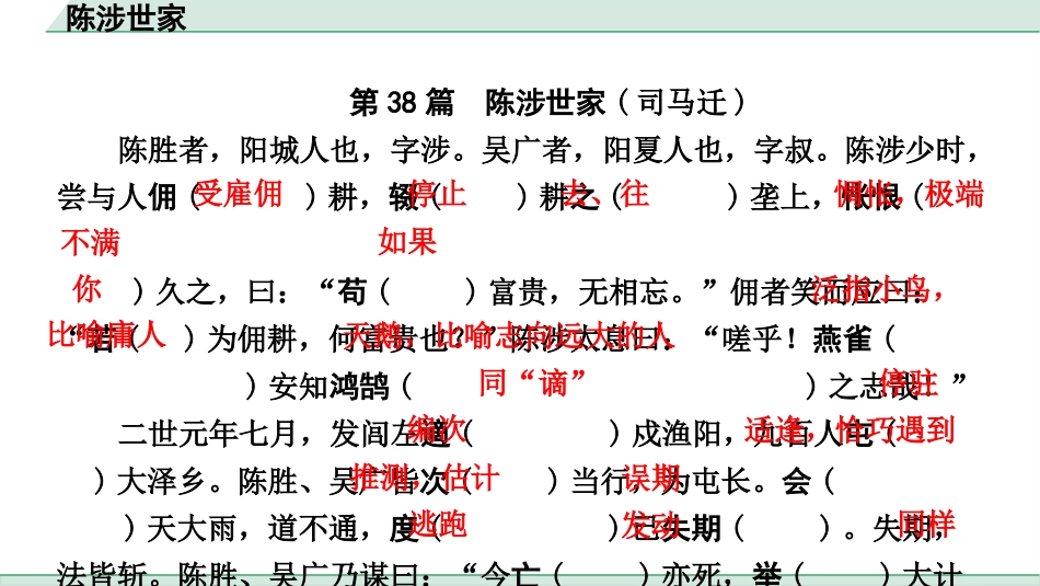 中考浙江语文2.第二部分 阅读_5.专题五  课外文言文三阶攻关_1.一阶  必备知识———课内文言字词积累_一、教材7~9年级文言文课下注释随文练_第38篇 陈涉世家_陈涉世家(练).pptx_第2页