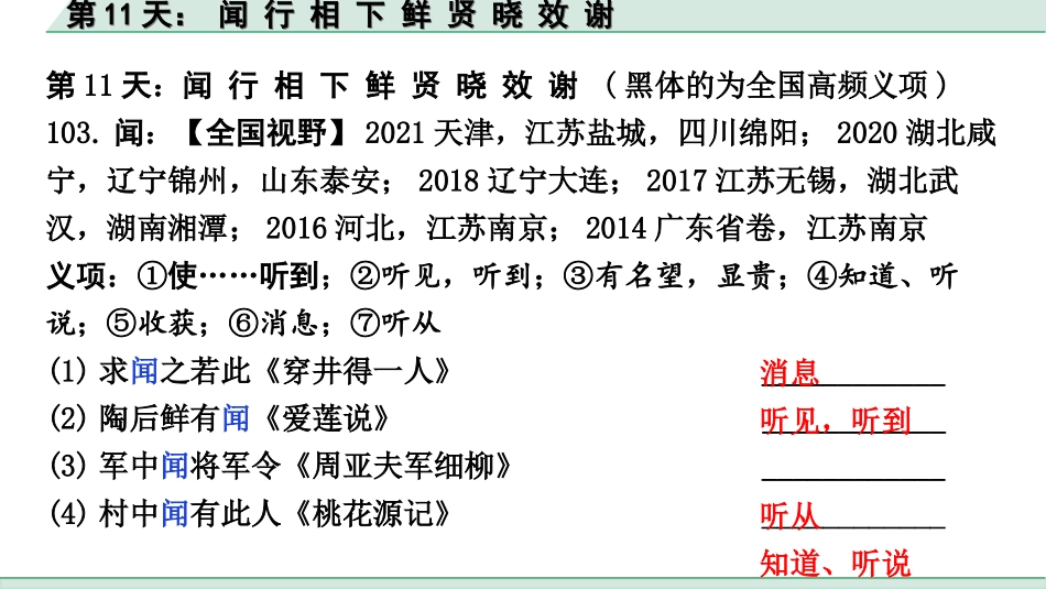 中考江西语文2.第二部分  古代诗文阅读_2.专题二  文言文三阶攻关训练_二阶  实虚词点对点迁移训练_实词点对点迁移训练_第11天： 闻 行 相 下 鲜 贤 晓 效 谢.ppt_第2页