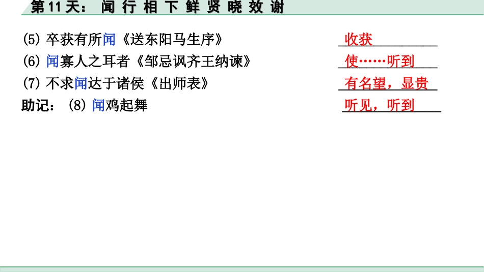 中考江西语文2.第二部分  古代诗文阅读_2.专题二  文言文三阶攻关训练_二阶  实虚词点对点迁移训练_实词点对点迁移训练_第11天： 闻 行 相 下 鲜 贤 晓 效 谢.ppt_第3页