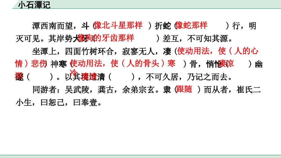 中考浙江语文2.第二部分 阅读_5.专题五  课外文言文三阶攻关_1.一阶  必备知识———课内文言字词积累_一、教材7~9年级文言文课下注释随文练_第23篇 小石潭记_小石潭记（练）.pptx_第3页