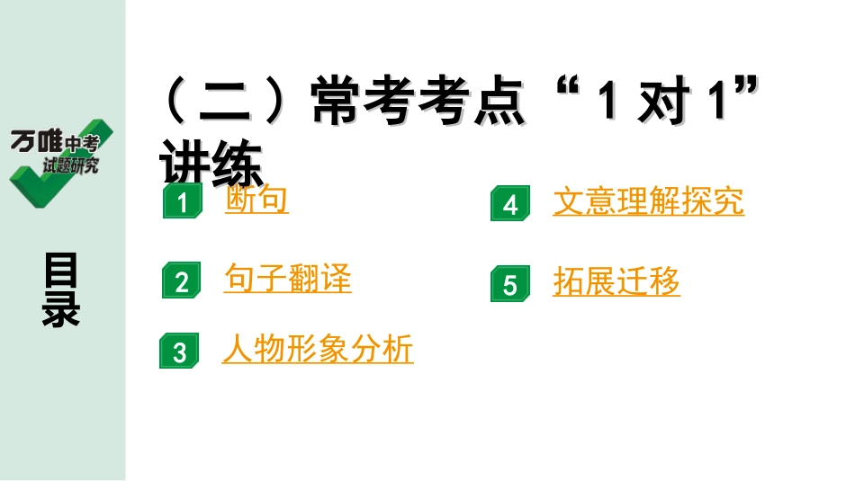 中考长沙语文2.第二部分  古诗文阅读_2.专题二 课外文言文阅读_2.二阶 能力关——课外文言文“１对１”讲练_课外文言文阅读能力辅导_（二）常考考点“1对1”讲练_考点3-考点7.ppt_第1页