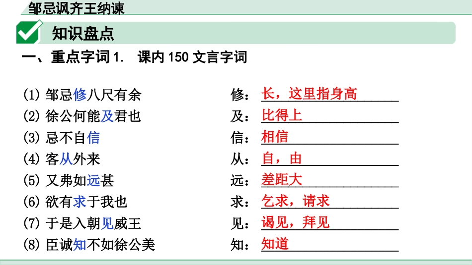 中考上海语文1.第一部分  古诗文阅读_3.专题三  课内文言文阅读_第8篇  邹忌讽齐王纳谏_邹忌讽齐王纳谏.pptx_第2页