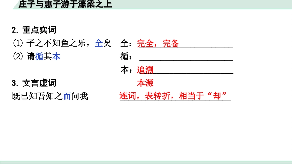 中考天津语文2.第二部分  古诗文阅读_1.专题一  课内文言文3轮复习_1轮  教材教读31篇文言文梳理及训练_29.庄子与惠子游于濠梁之上_庄子与惠子游于濠梁之上（练）.ppt_第3页