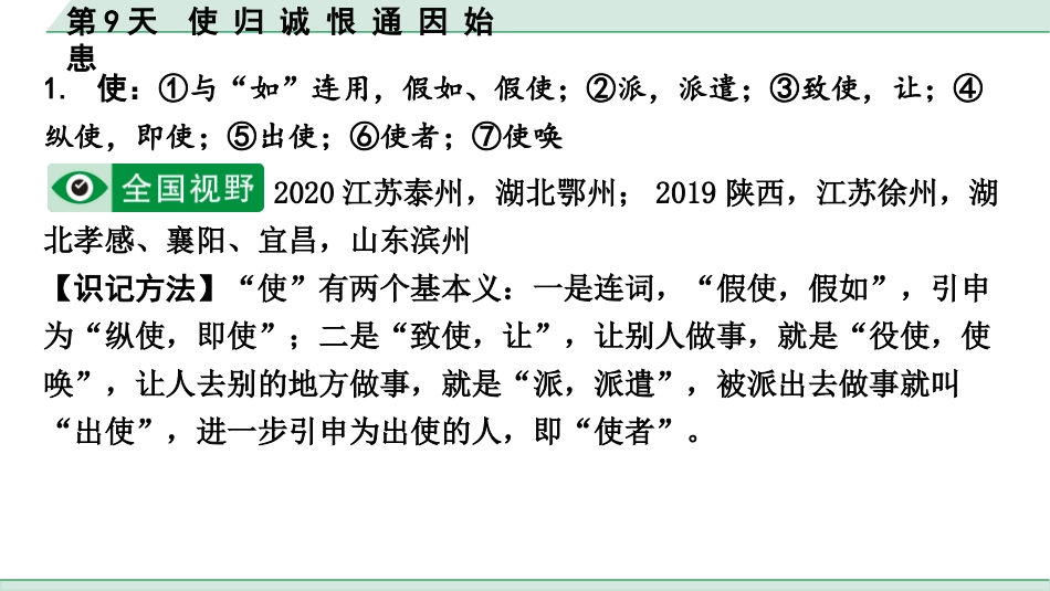 中考沈阳语文2.第二部分  古诗文阅读_2.专题二  文言文阅读_2.二阶  点对点迁移攻关练_一词多义点对点迁移练_第9天　使 归 诚 恨 通 因 始 患.pptx_第2页