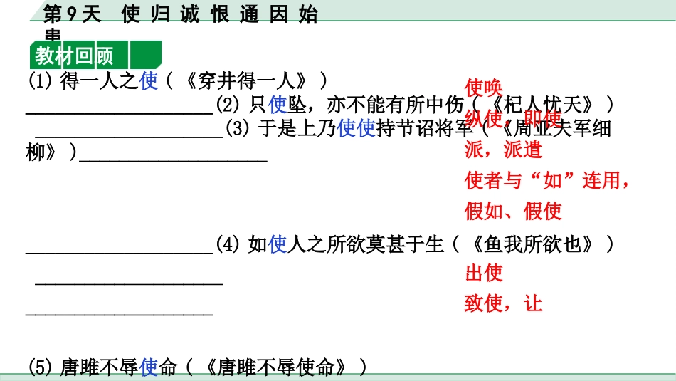 中考沈阳语文2.第二部分  古诗文阅读_2.专题二  文言文阅读_2.二阶  点对点迁移攻关练_一词多义点对点迁移练_第9天　使 归 诚 恨 通 因 始 患.pptx_第3页