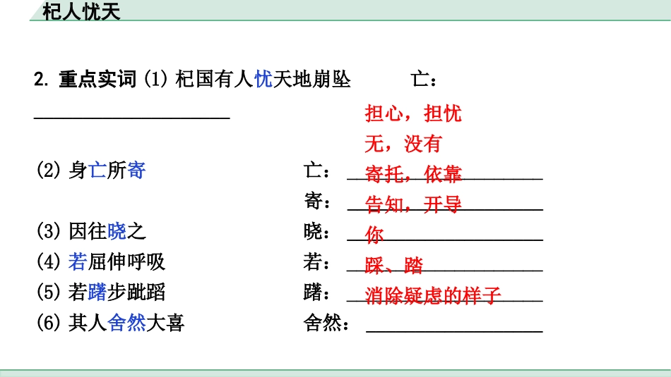 中考内蒙古语文2.第二部分  古诗文阅读_3.专题三  文言文三阶攻关_1.一阶  教材关——39篇文言文梳理及训练_教材39篇文言文梳理及训练_第7篇 杞人忧天_杞人忧天(练).pptx_第3页