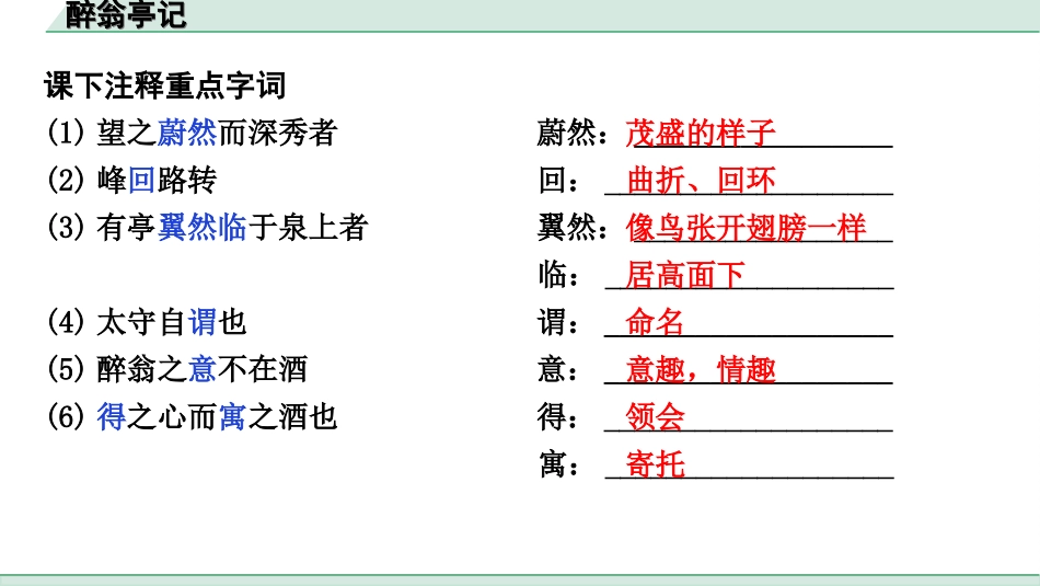 中考江西语文2.第二部分  古代诗文阅读_2.专题二  文言文三阶攻关训练_一阶  教材文言字词逐篇训练及分类整合_教材文言字词逐篇训练_31.《醉翁亭记》_醉翁亭记（练）.ppt_第2页