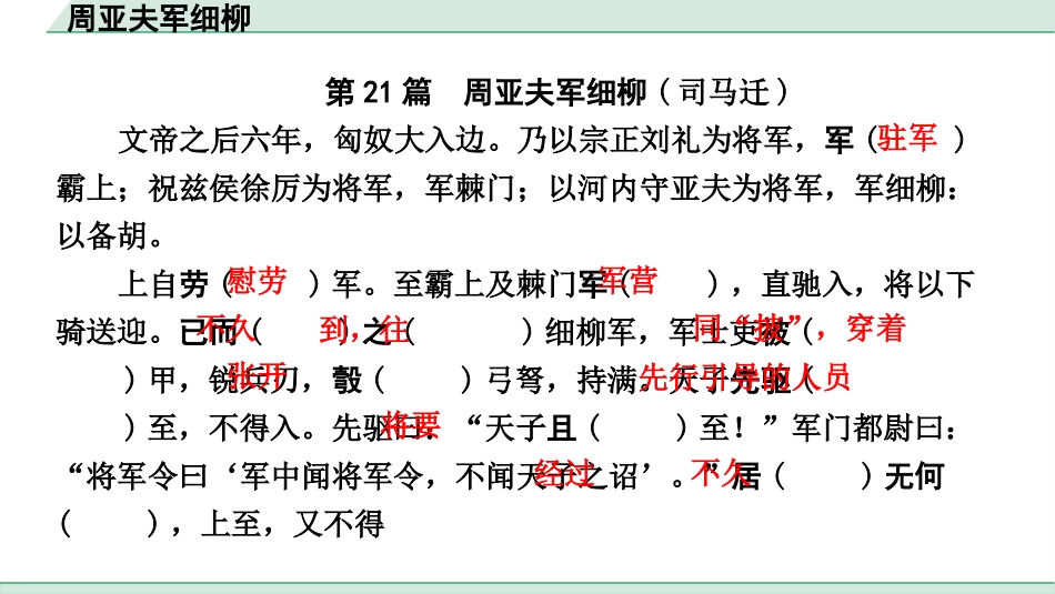 中考浙江语文2.第二部分 阅读_5.专题五  课外文言文三阶攻关_1.一阶  必备知识———课内文言字词积累_一、教材7~9年级文言文课下注释随文练_第21篇 周亚夫军细柳_周亚夫军细柳（练）.pptx_第2页