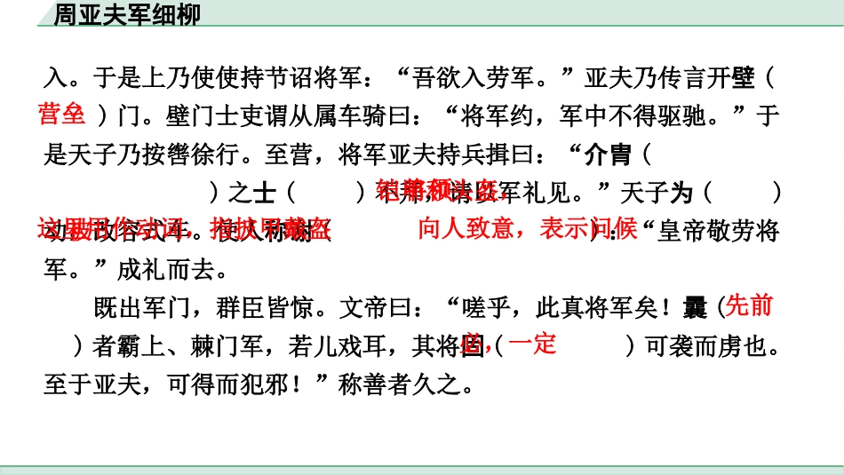 中考浙江语文2.第二部分 阅读_5.专题五  课外文言文三阶攻关_1.一阶  必备知识———课内文言字词积累_一、教材7~9年级文言文课下注释随文练_第21篇 周亚夫军细柳_周亚夫军细柳（练）.pptx_第3页