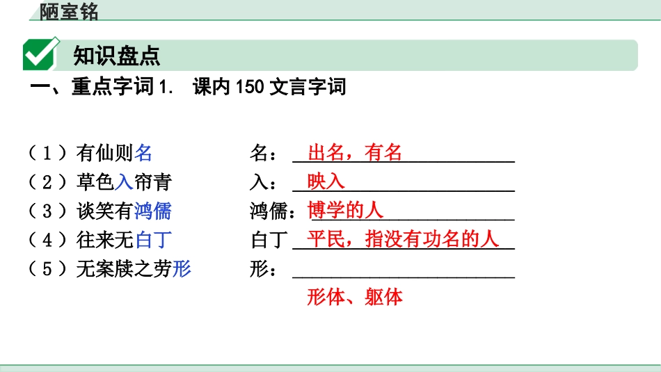 中考上海语文1.第一部分  古诗文阅读_3.专题三  课内文言文阅读_第29篇  短文两篇_陋室铭_陋室铭（练）.pptx_第2页