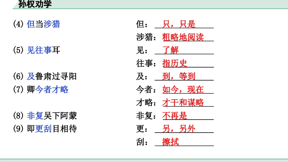 中考江西语文2.第二部分  古代诗文阅读_2.专题二  文言文三阶攻关训练_一阶  教材文言字词逐篇训练及分类整合_教材文言字词逐篇训练_8.《孙权劝学》_孙权劝学（练）.ppt_第3页