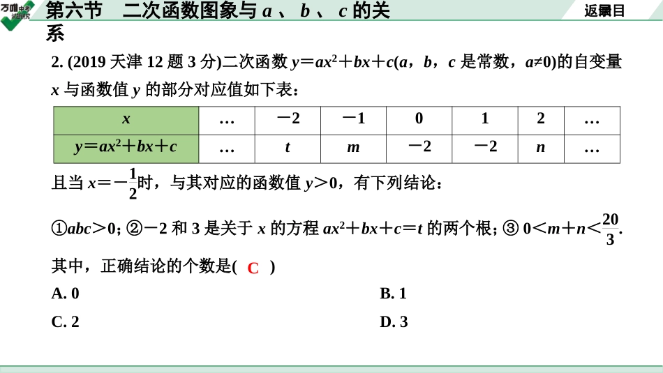 中考天津数学1.第一部分  天津中考考点研究_3.第三章  函　数_6.第六节  二次函数图象与a、b、c的关系（含与一元二次方程的关系）.ppt_第3页