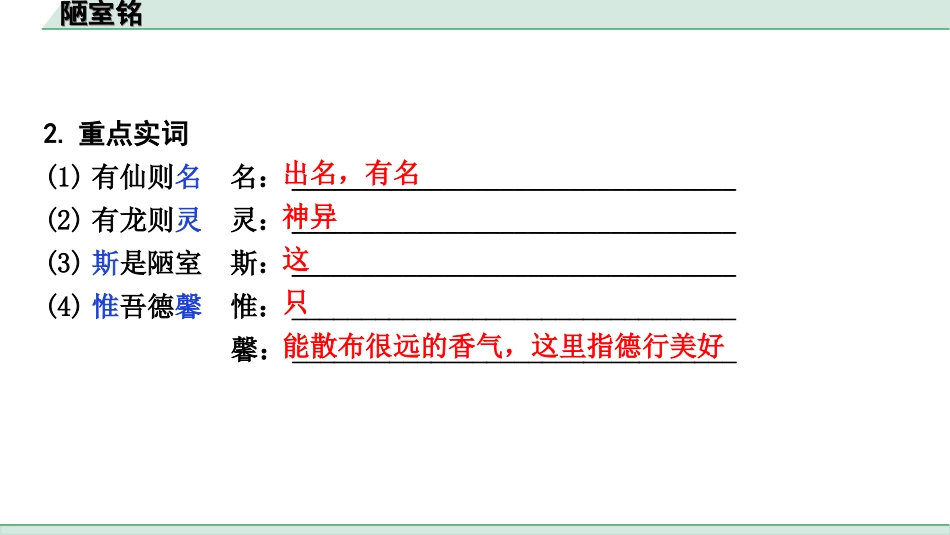 中考天津语文2.第二部分  古诗文阅读_1.专题一  课内文言文3轮复习_1轮  教材教读31篇文言文梳理及训练_16.陋室铭_陋室铭（练）.ppt_第3页