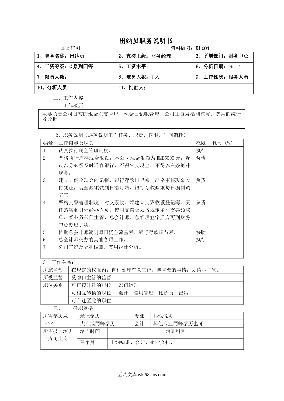 出纳员职务说明书.doc_第1页