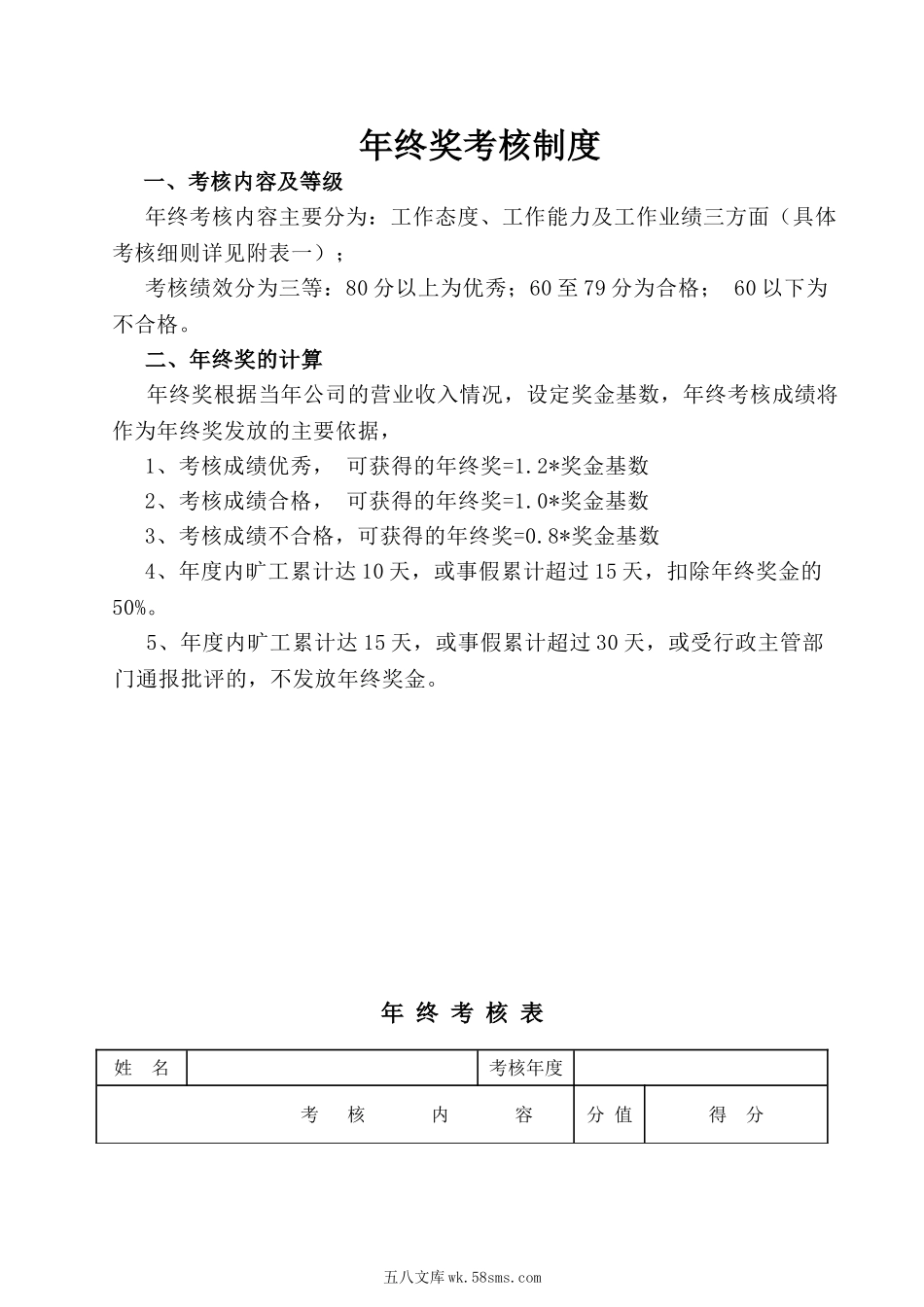 年终奖分配方案及年度绩效考核表.doc_第1页