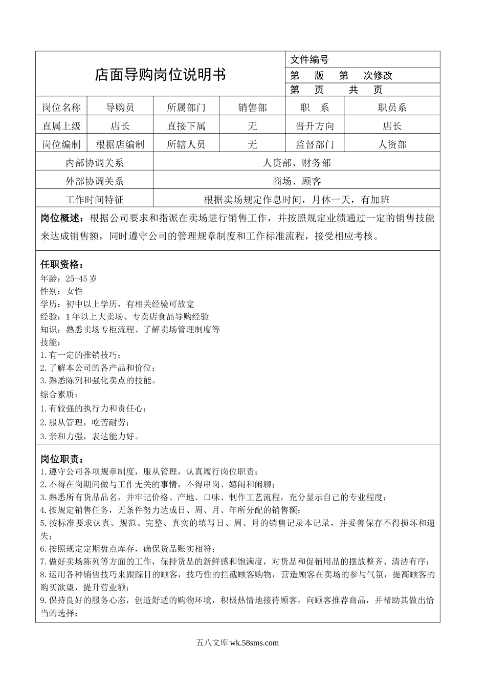 商业零售代理商公司的岗位说明书.doc_第1页