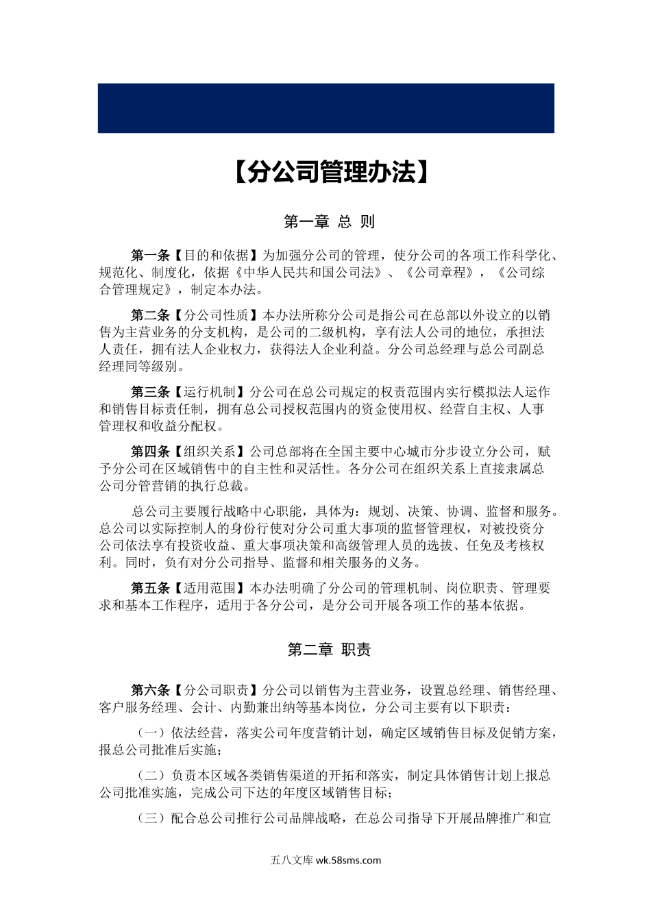 「企业管理系列源文件一」-分公司管理办法，全套分公司管理文件.docx_第1页