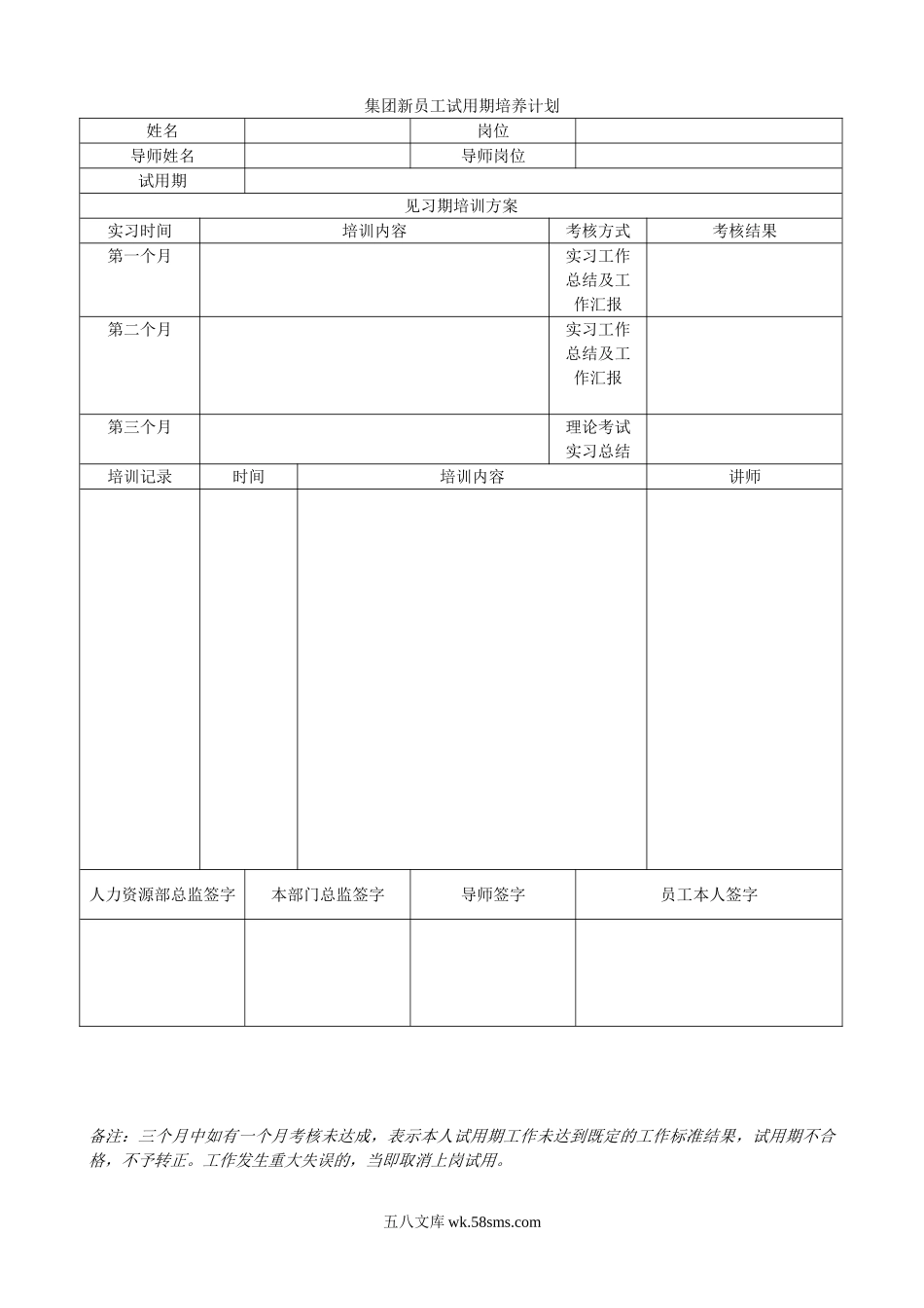 【工具表格】新员工试用期培养计划表.doc_第1页