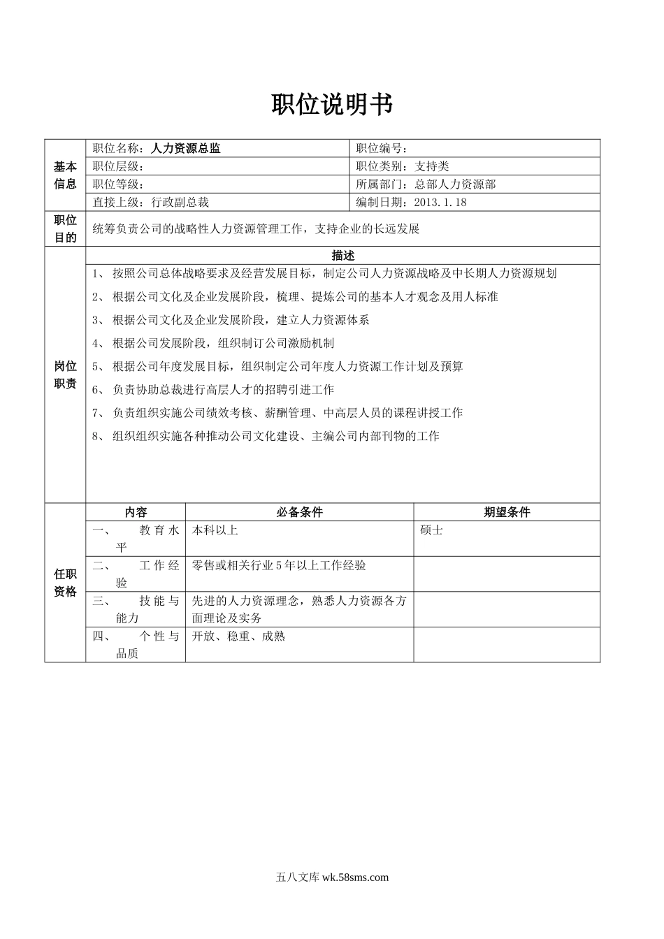 总部人力资源职位说明书（中高层）.doc_第1页