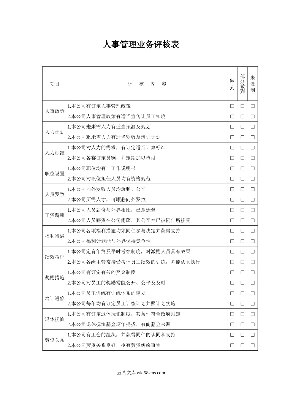 人事管理业务评核表.doc_第1页