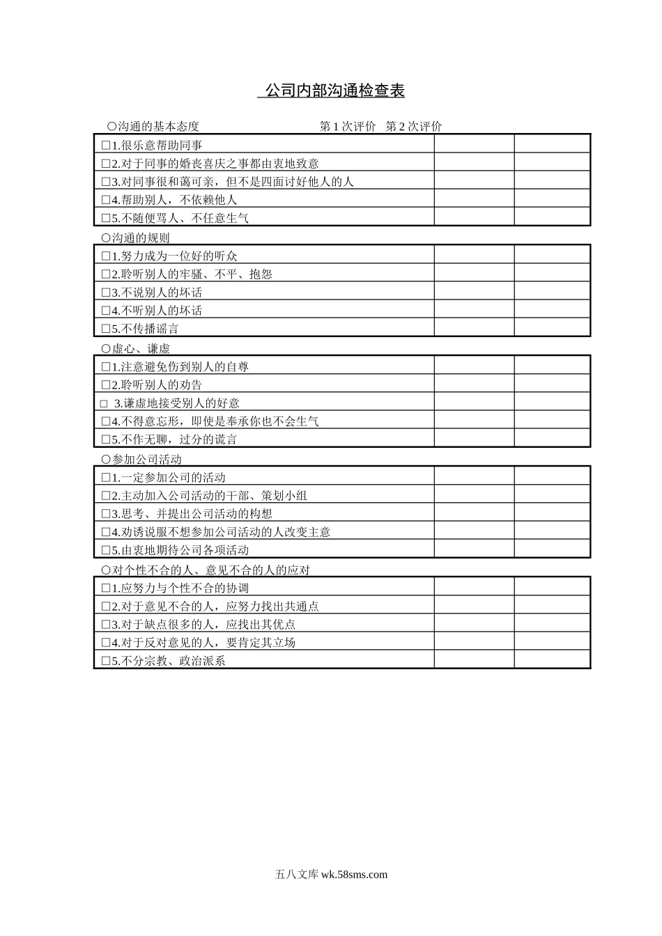 公司内部沟通检查表－部属评价.DOC_第1页