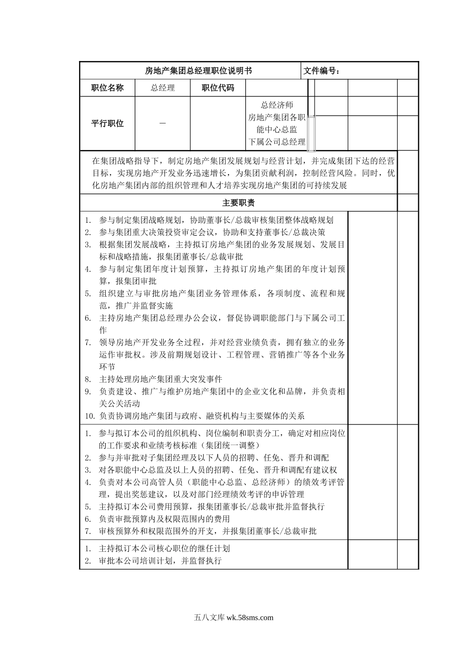 房地产集团总经理岗位说明书.doc_第1页